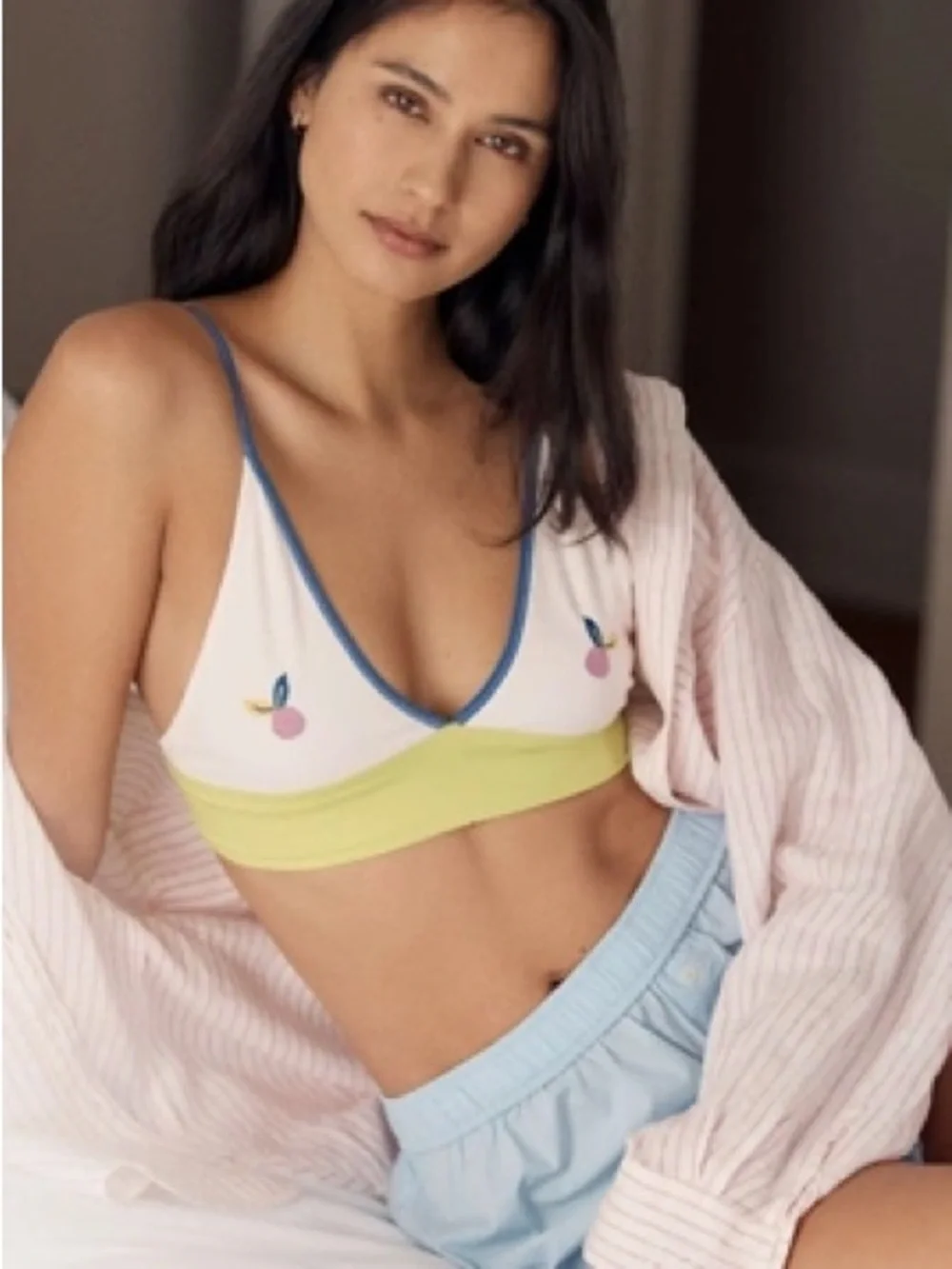 Anthropologie | Ivory Cherry Design Bralette with Blue Trim & Lime Band